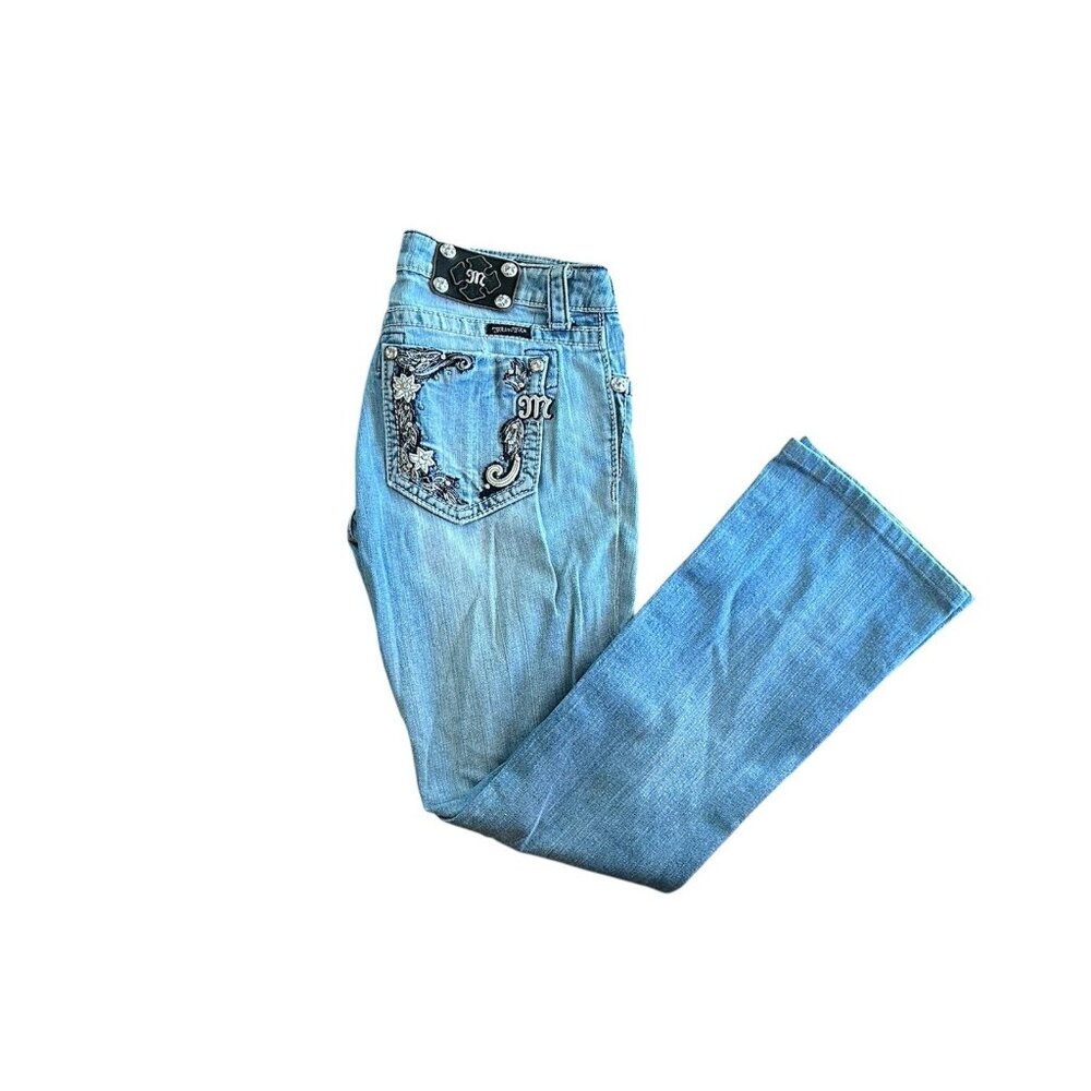 Miss Me Light Wash Denim Jeans Boot Cut Bejeweled‎ Y2K Rhinestones Thick Sz 28